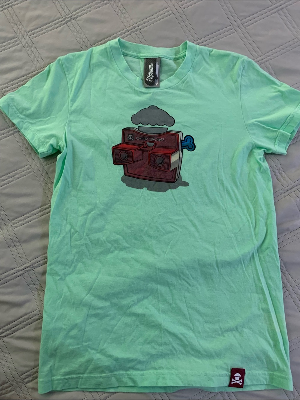Johnny Cupcakes Mint Green Short Sleeve Tee with Red Camera Print